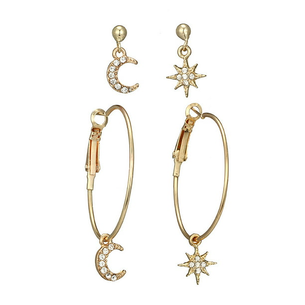 New 4pcs Women's Gold Plated Moon Star Rhinestone Ear Stud Dangle Earrings Set
